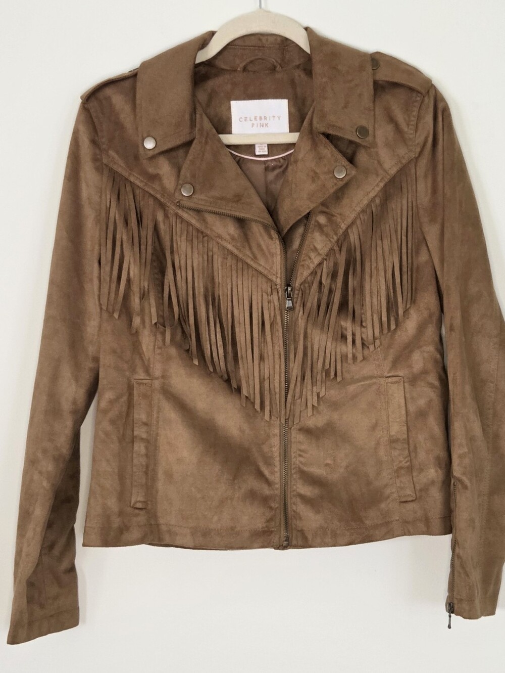 Celebrity Pink Faux Suede Fringe Moto Jacket Size L